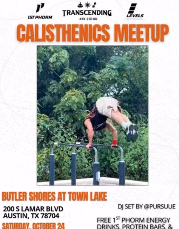 Flyer for the Calisthenics Meetup at Butler Shores on Saturday, October 24, 2026, with 1st Phorm, Transcending and Levels